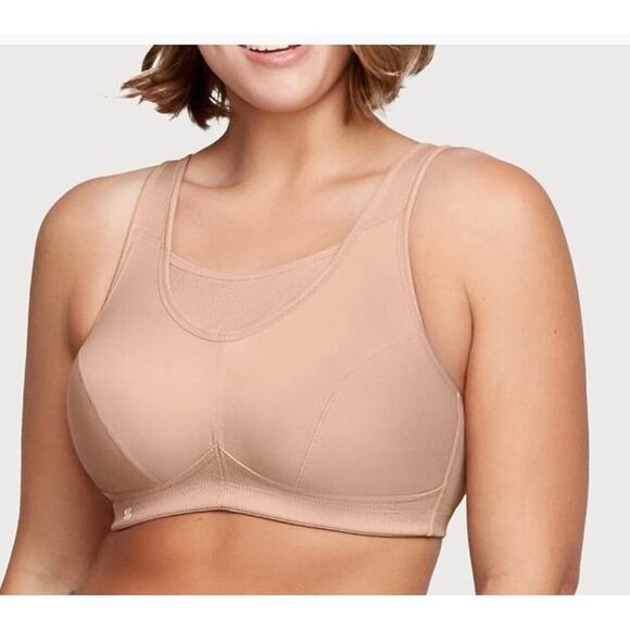 Glamorise 34D Sports Bra No-Bounce Camisole Beige Cafe Wireless Breathable NEW - Picture 1 of 6